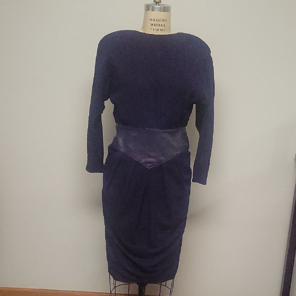 Vakko Vintage Leather And Suade Deep Blue Long Sleeve Dress, Size 4